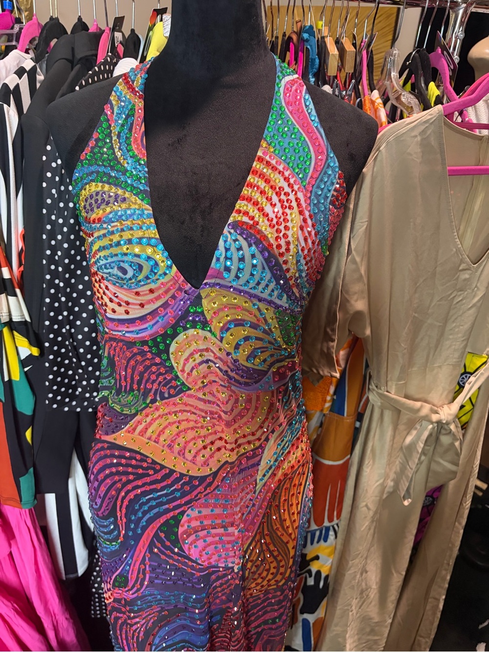 Alglist Multicolor Beaded Halter Maxi Dress - Vibrant Swirl Pattern